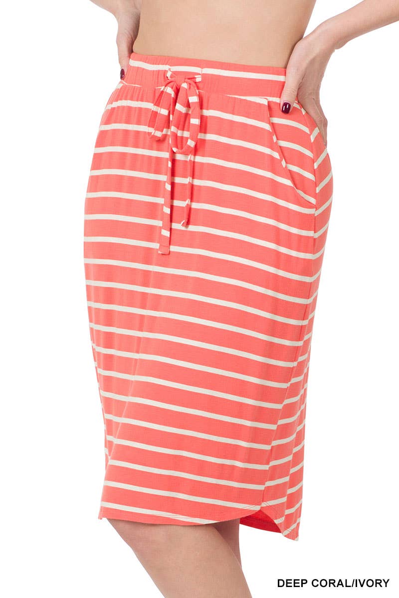 Stripe Self Tie Tulip Hem Skirt: DEEP CORAL/IVORY