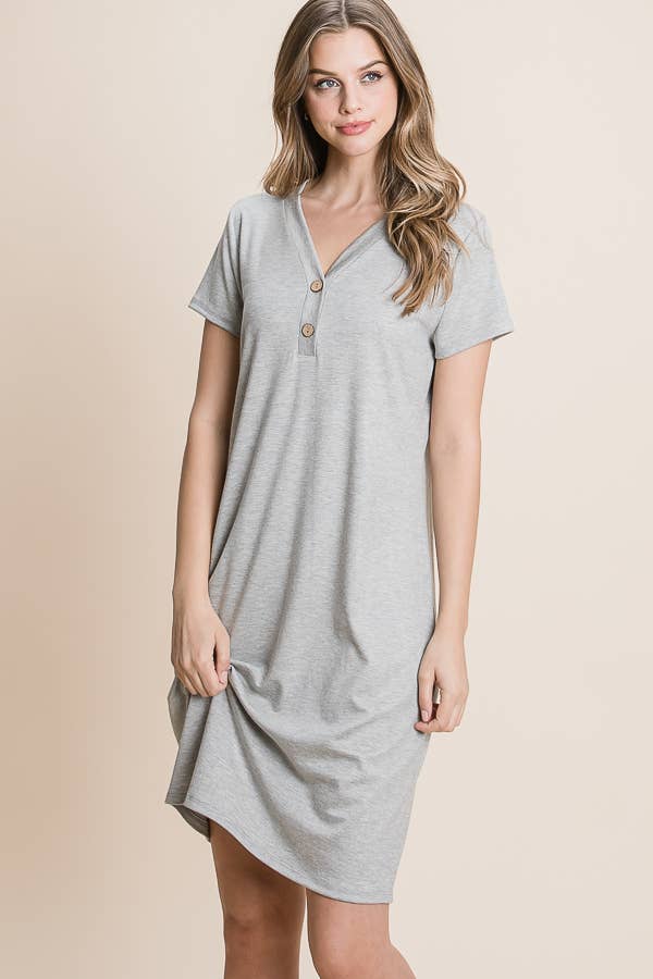 Faux Button Dress: Heather Gray