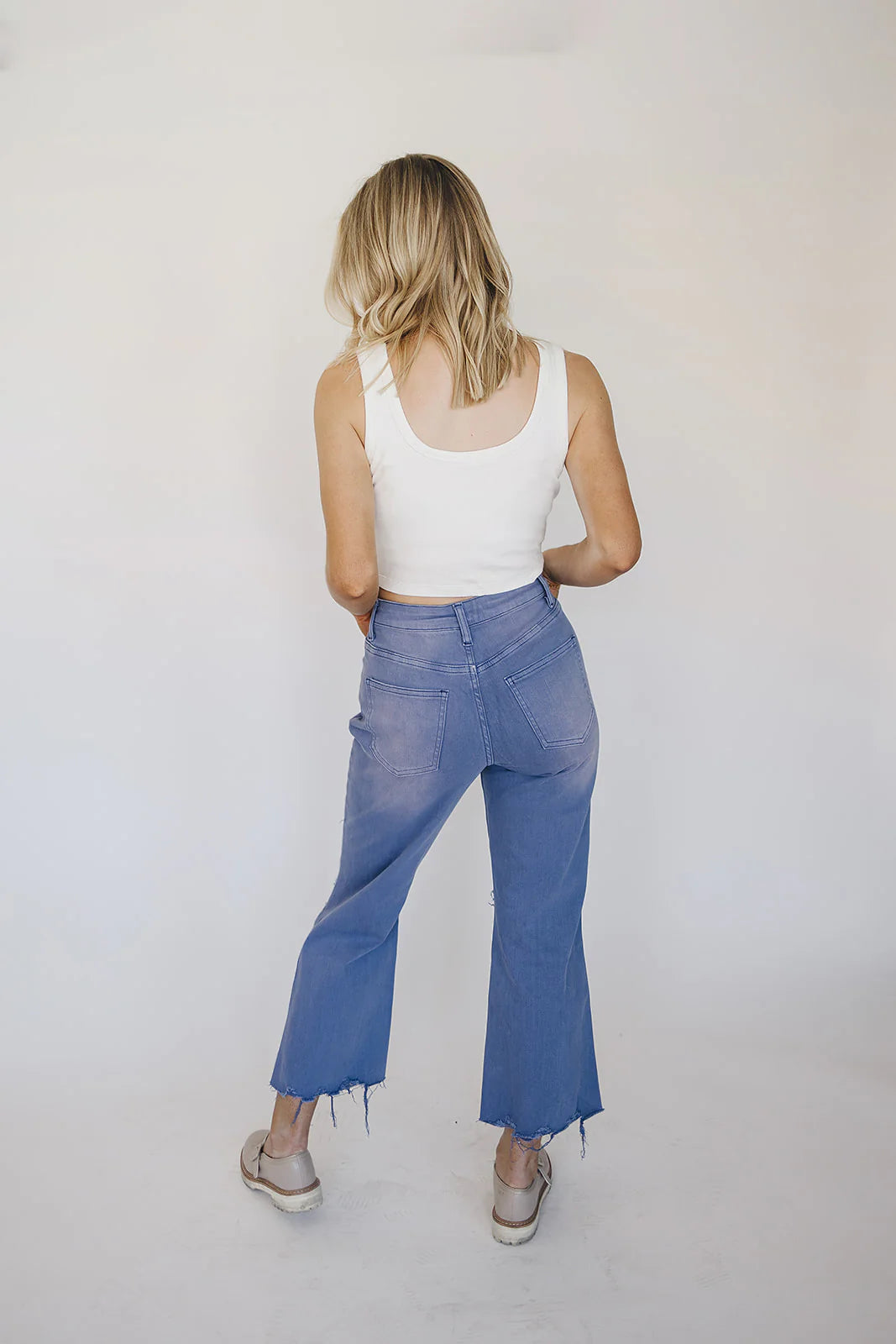 Hi-Rise Distressed Garment-Dyed Cropped Wide Leg Jeans- Marlin