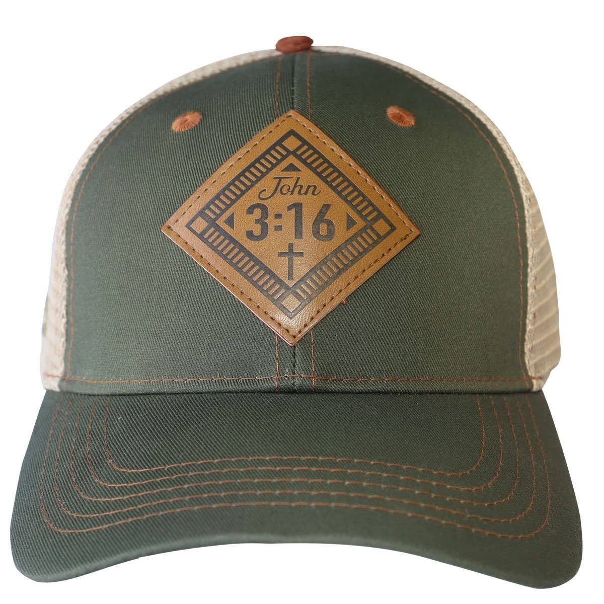 Kerusso Mens Cap John 3:16 Leather: One Size Fits Most / Military Green/Tan