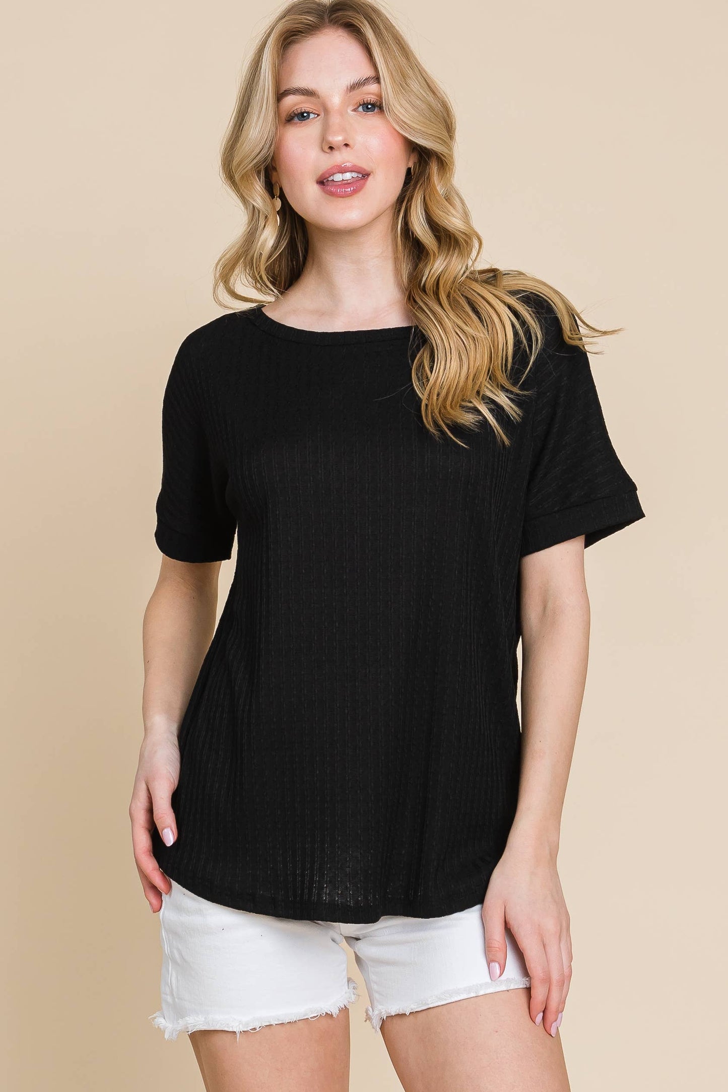 BLACK RIB KNIT T-SHIRT