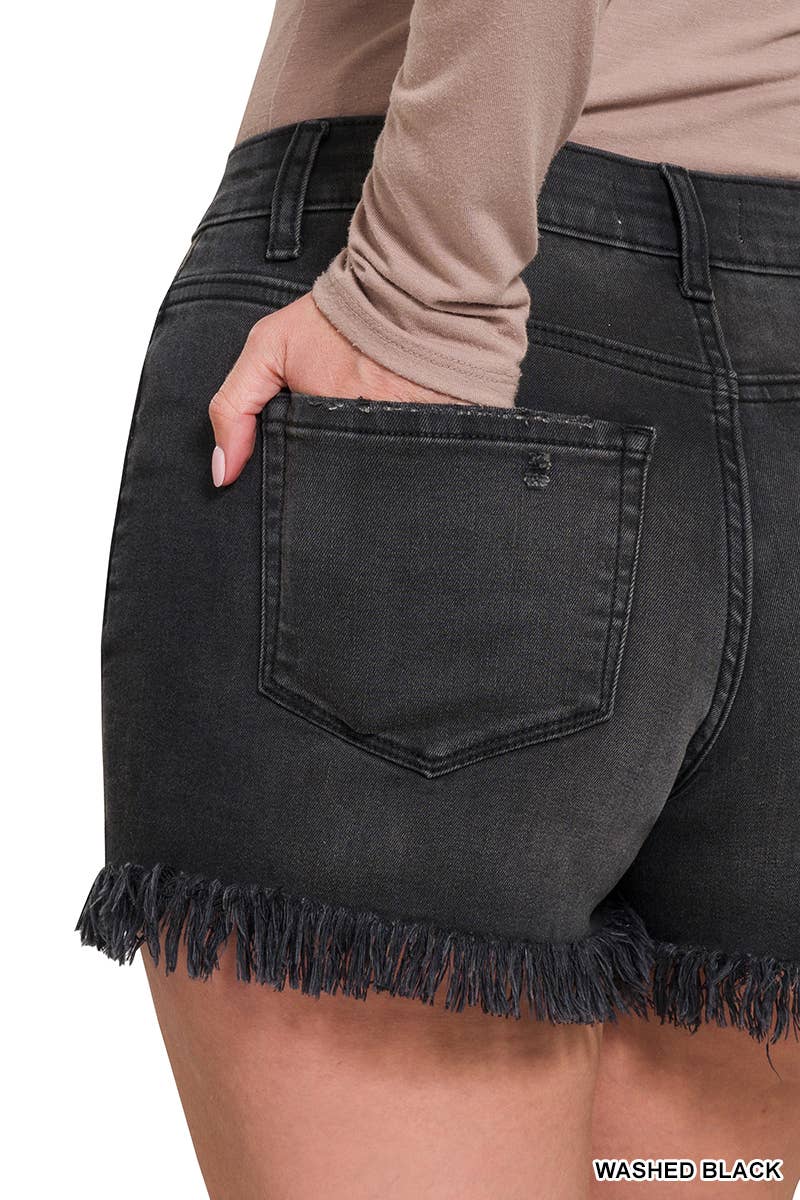 FRAYED BUTTON FLY BLACK SHORTS