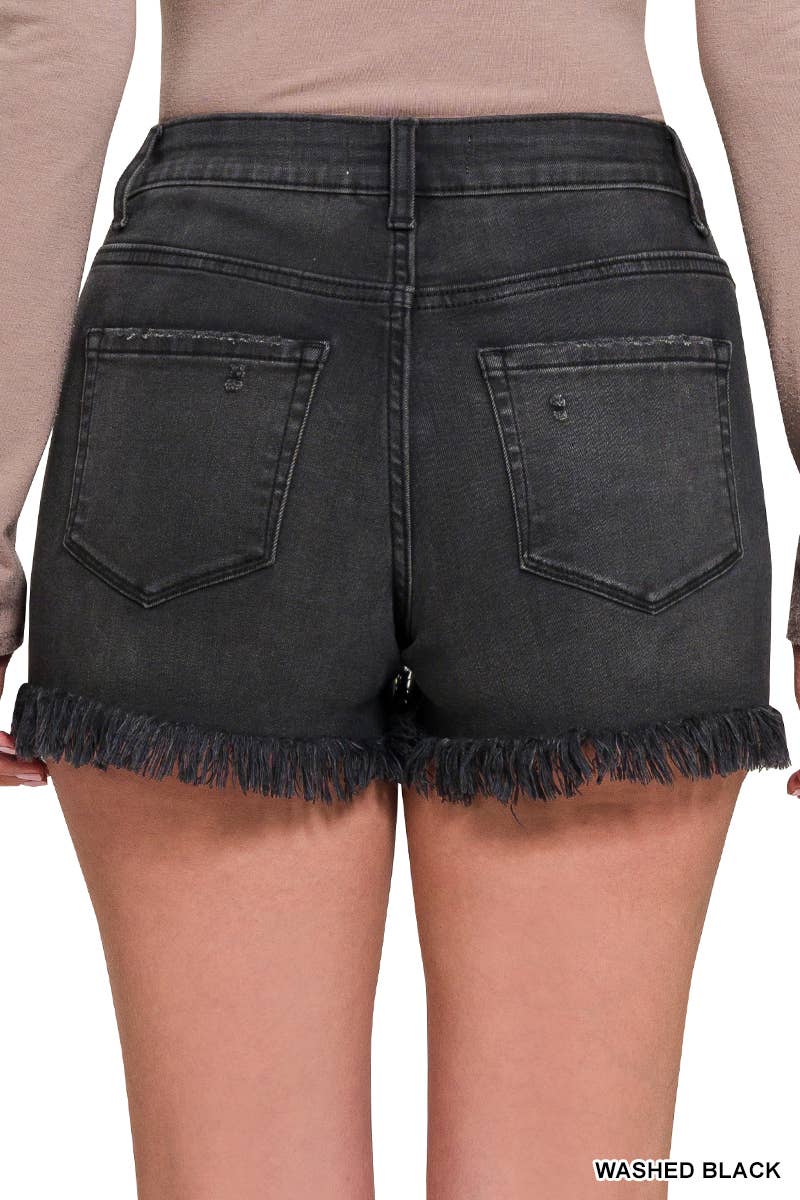 FRAYED BUTTON FLY BLACK SHORTS