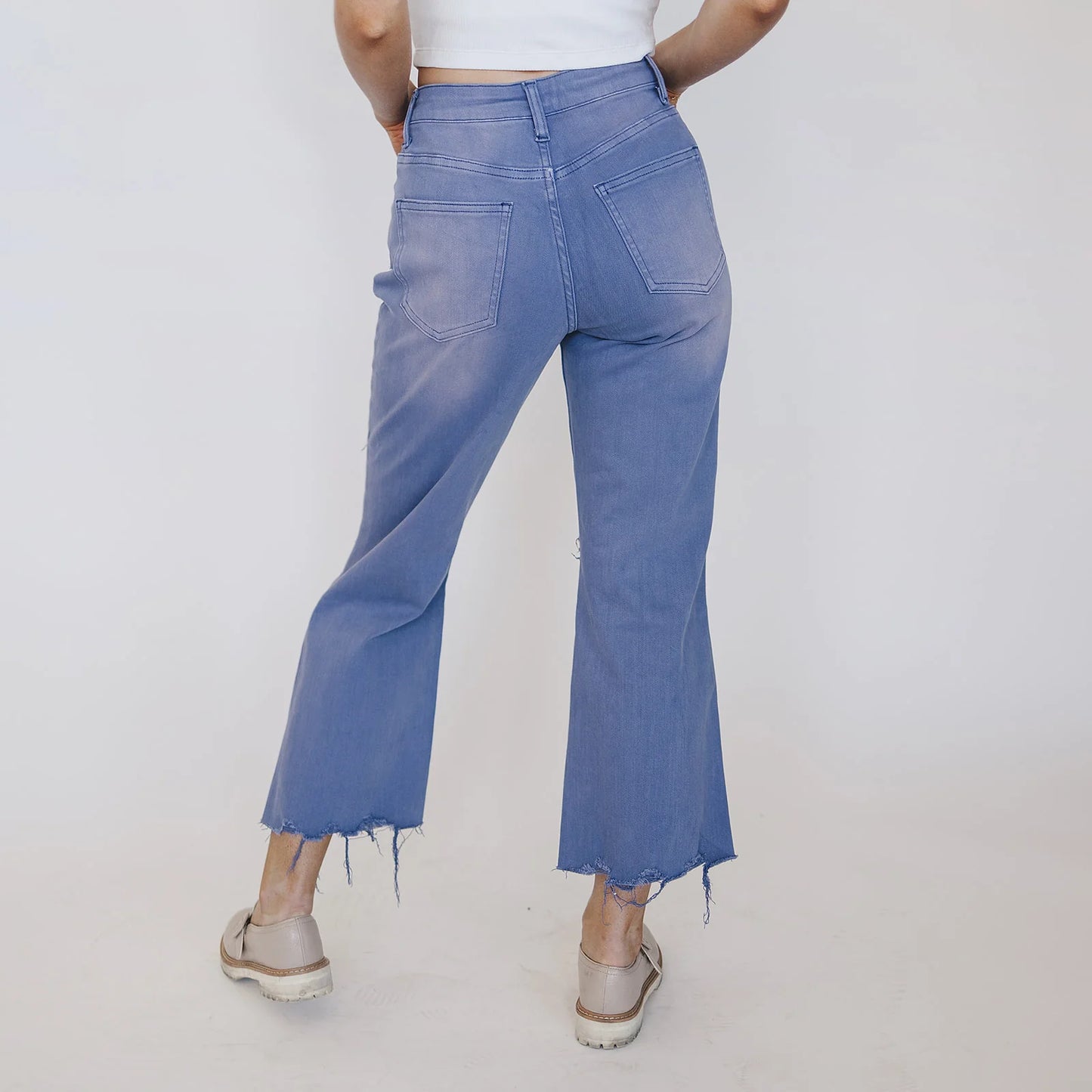 Hi-Rise Distressed Garment-Dyed Cropped Wide Leg Jeans- Marlin