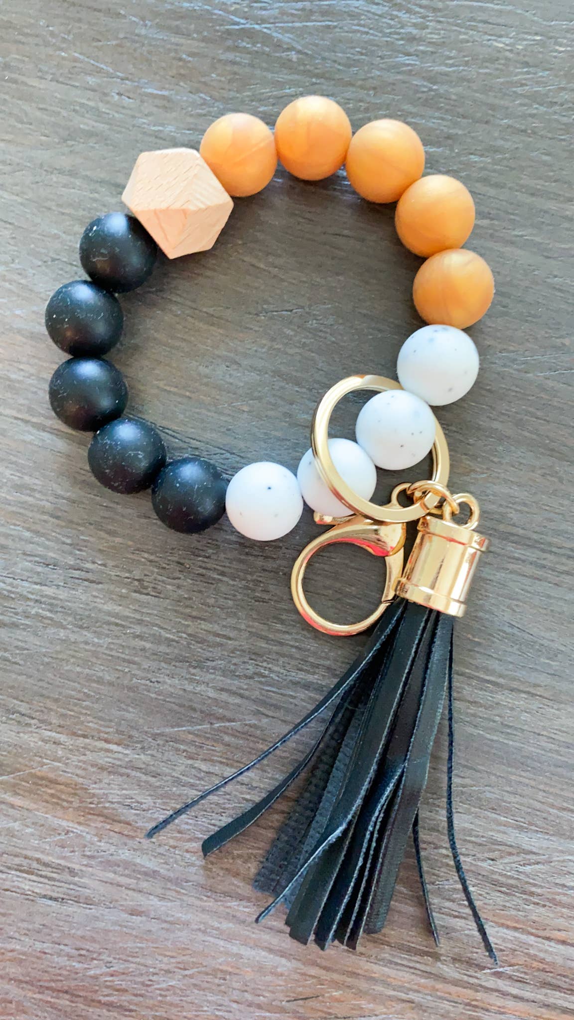 Game Day Wristlet Silicone Beads-Black/Gold/White