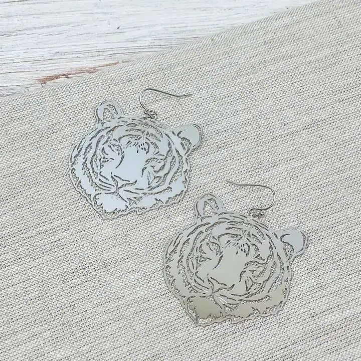 Filigree Tiger Dangle Earrings - Silver