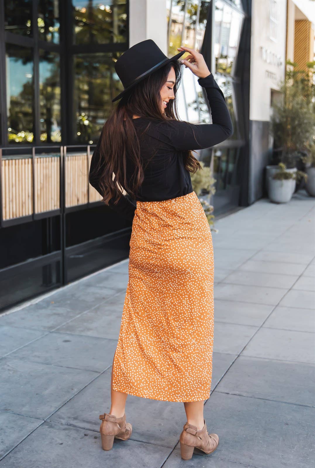 Polly Side Slit Midi Skirt: Dot Orange