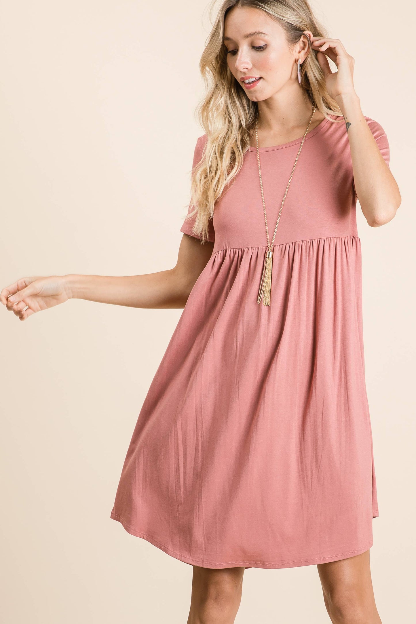 Solid Short Sleeve Midi Dress: Brick