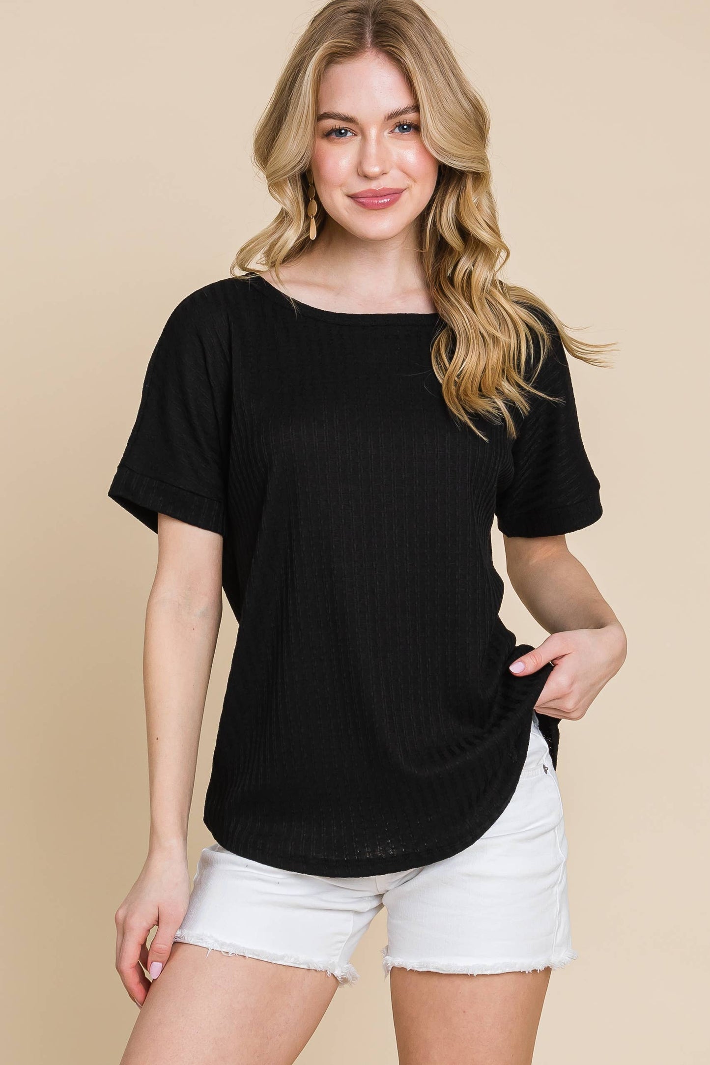 BLACK RIB KNIT T-SHIRT