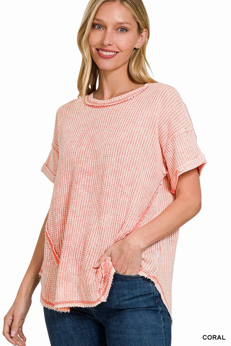 Coral Washed Baby Waffle Short Sleeve Top