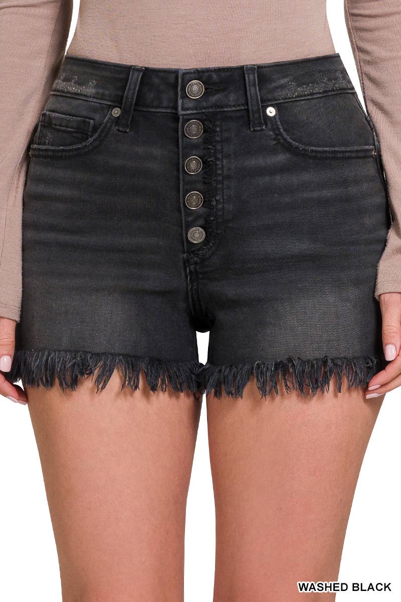 FRAYED BUTTON FLY BLACK SHORTS