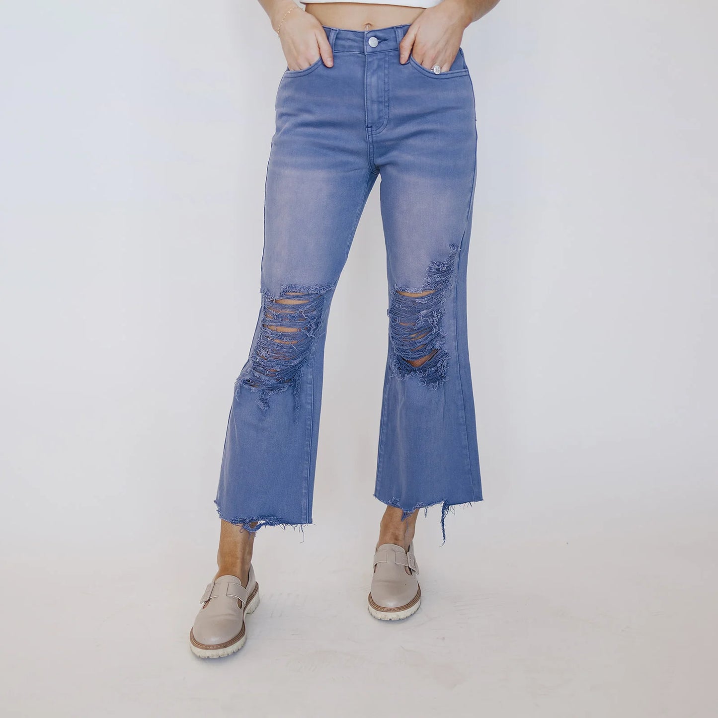 Hi-Rise Distressed Garment-Dyed Cropped Wide Leg Jeans- Marlin