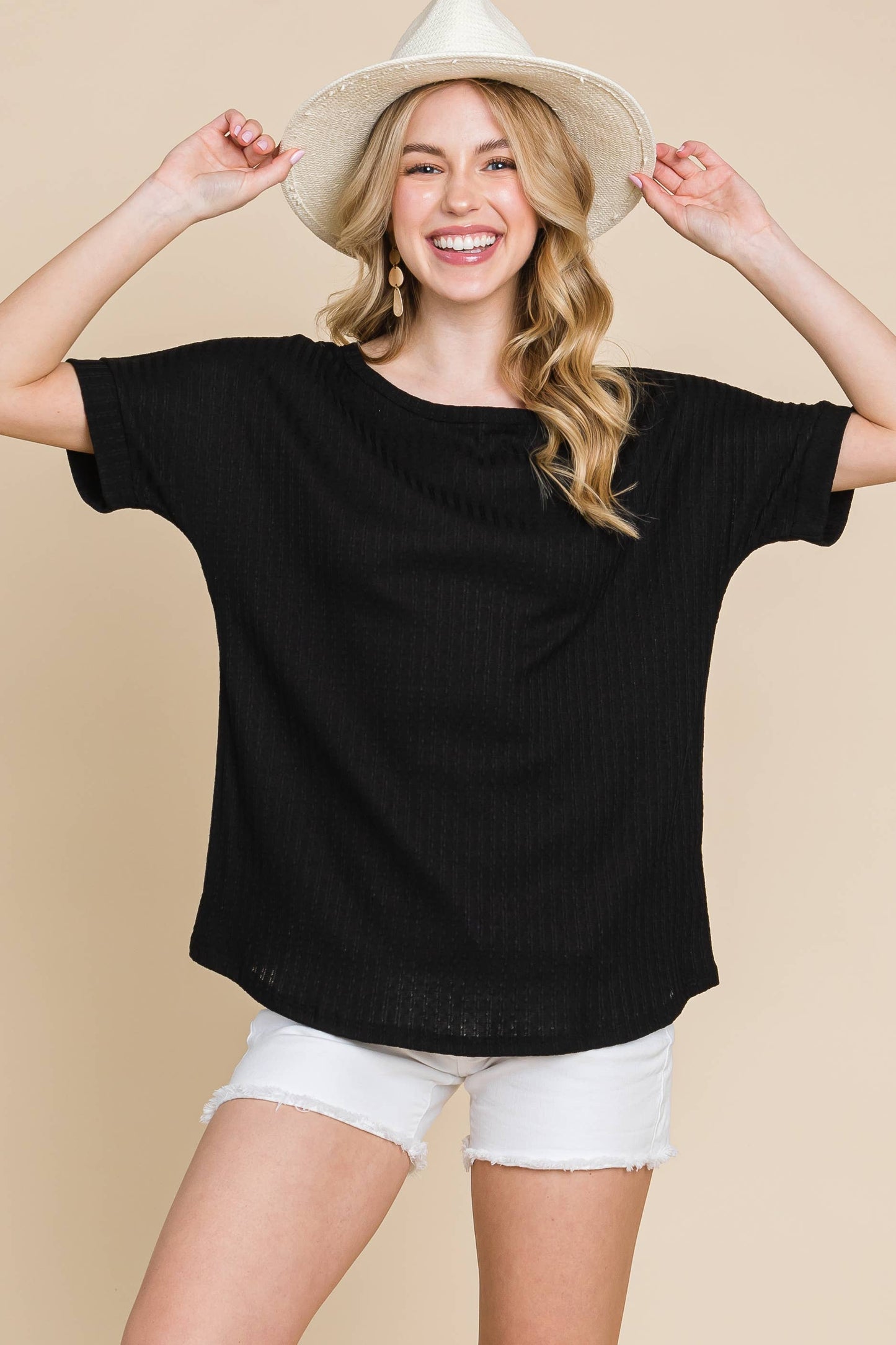 BLACK RIB KNIT T-SHIRT
