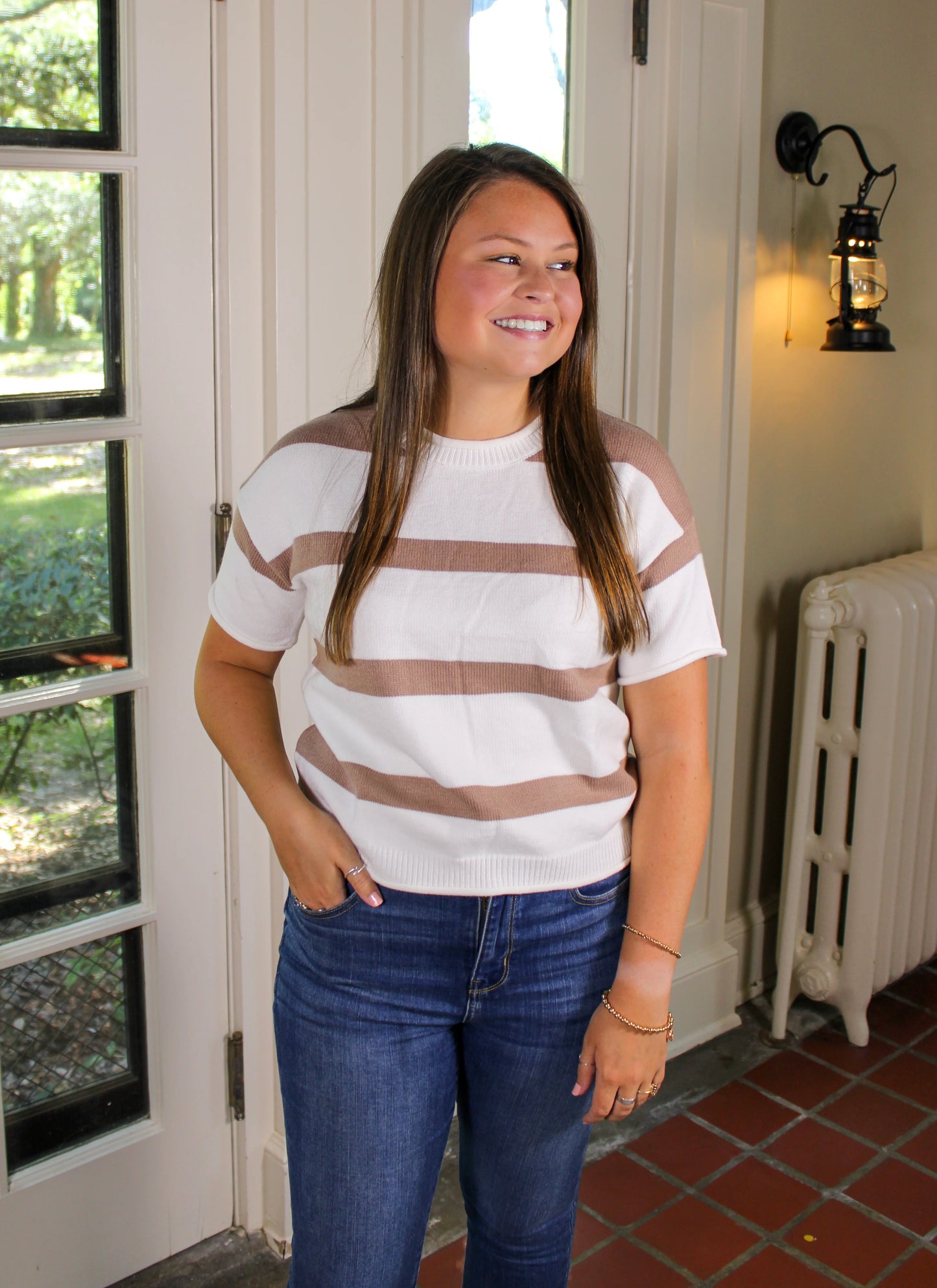 Brown and White Striped Knitted Top