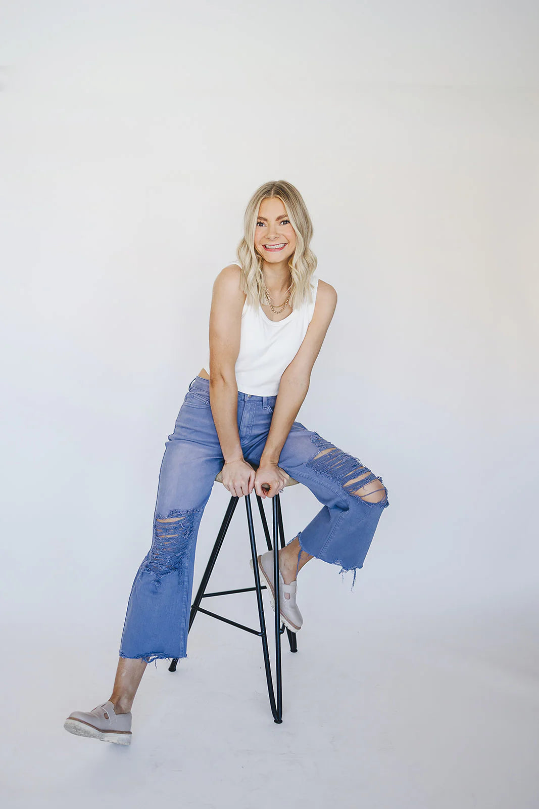 Hi-Rise Distressed Garment-Dyed Cropped Wide Leg Jeans- Marlin