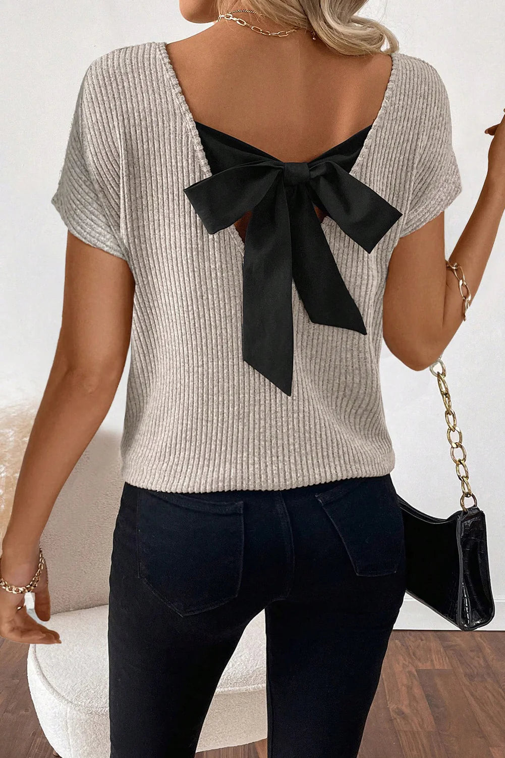Gray Ribbed Bow Back Top