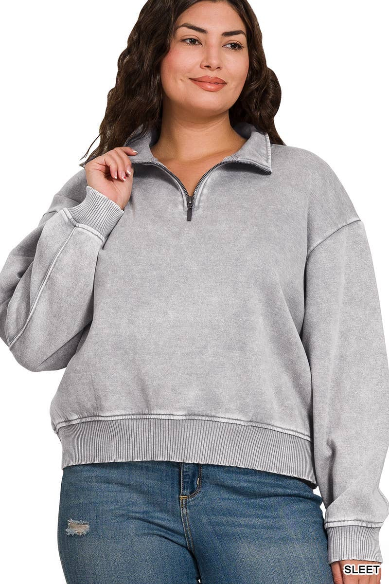 Grey Acid Wash Fleece Half Zip Pullover