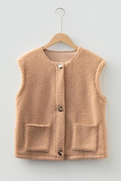 PRE-ORDER Beige Button Fuzzy Vest