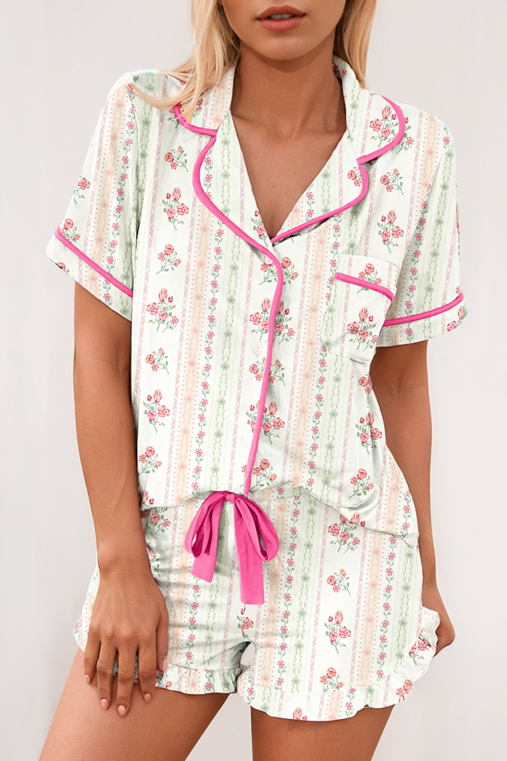 Floral Printed Casual Pocket Ruffled Shorts Pajama Set