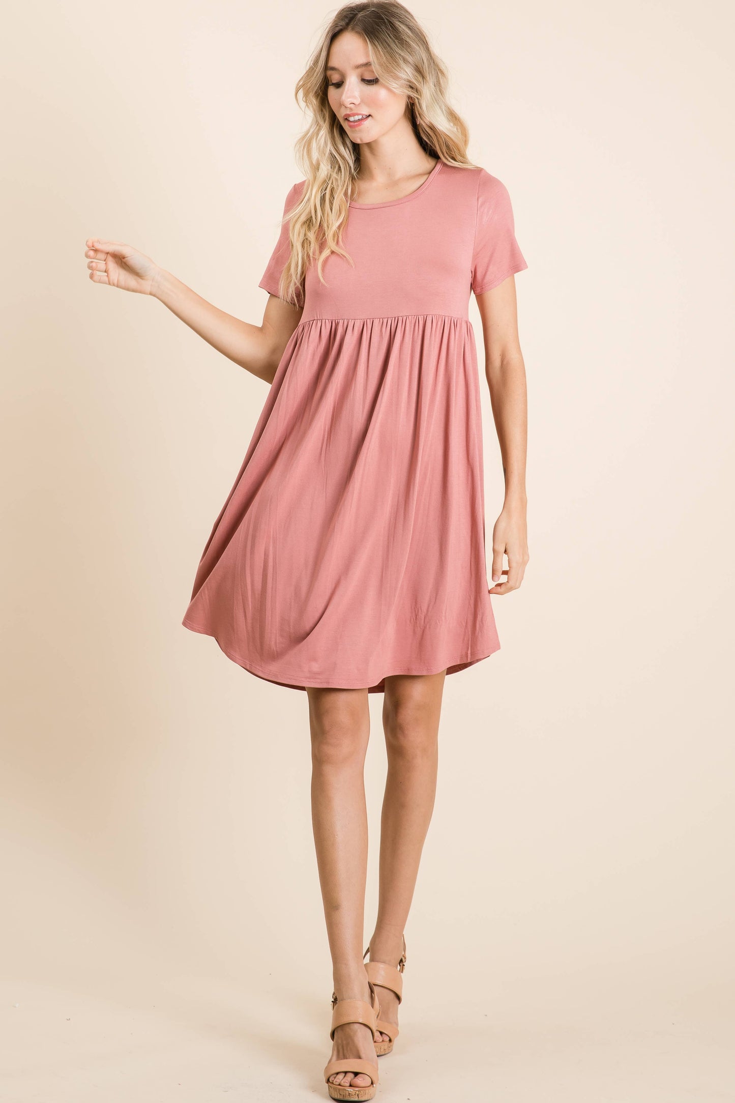 Solid Short Sleeve Midi Dress: Brick