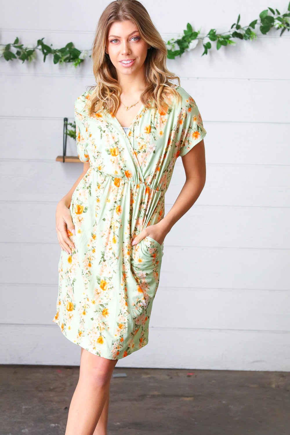 Pistachio Floral V-Neck Dress
