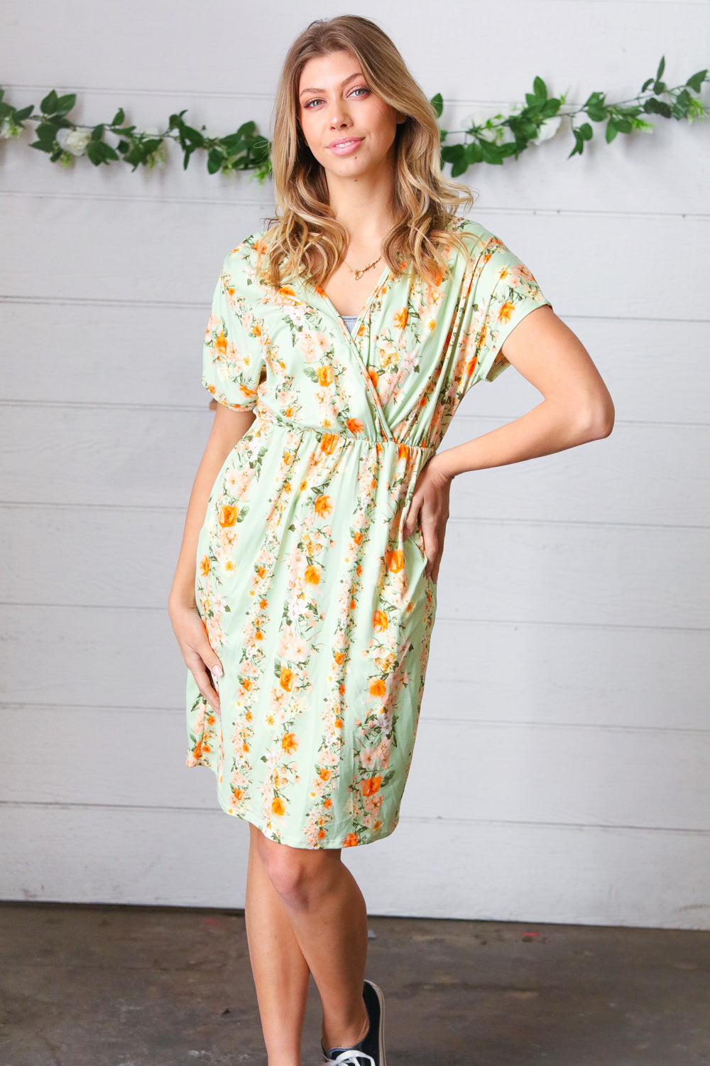 Pistachio Floral V-Neck Dress