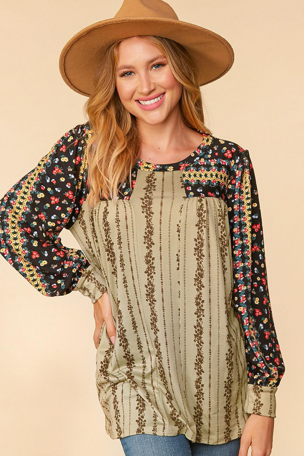 BLACK & OLIVE FLORAL SQUARE NECK YOKE PUFF BUBBLE SLEEVE TOP