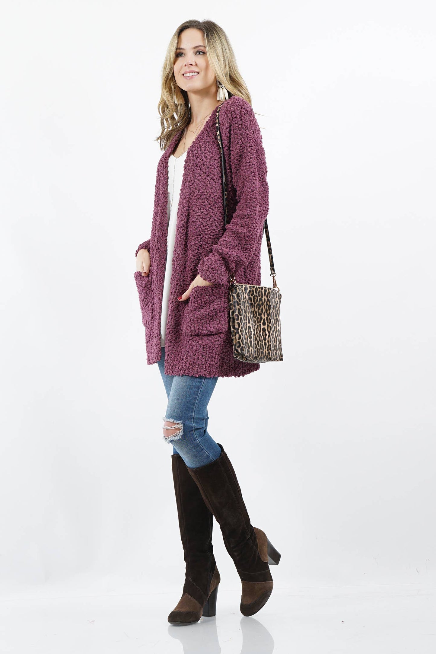 Eggplant Popcorn knit Sweater Cardigan w/ pocket