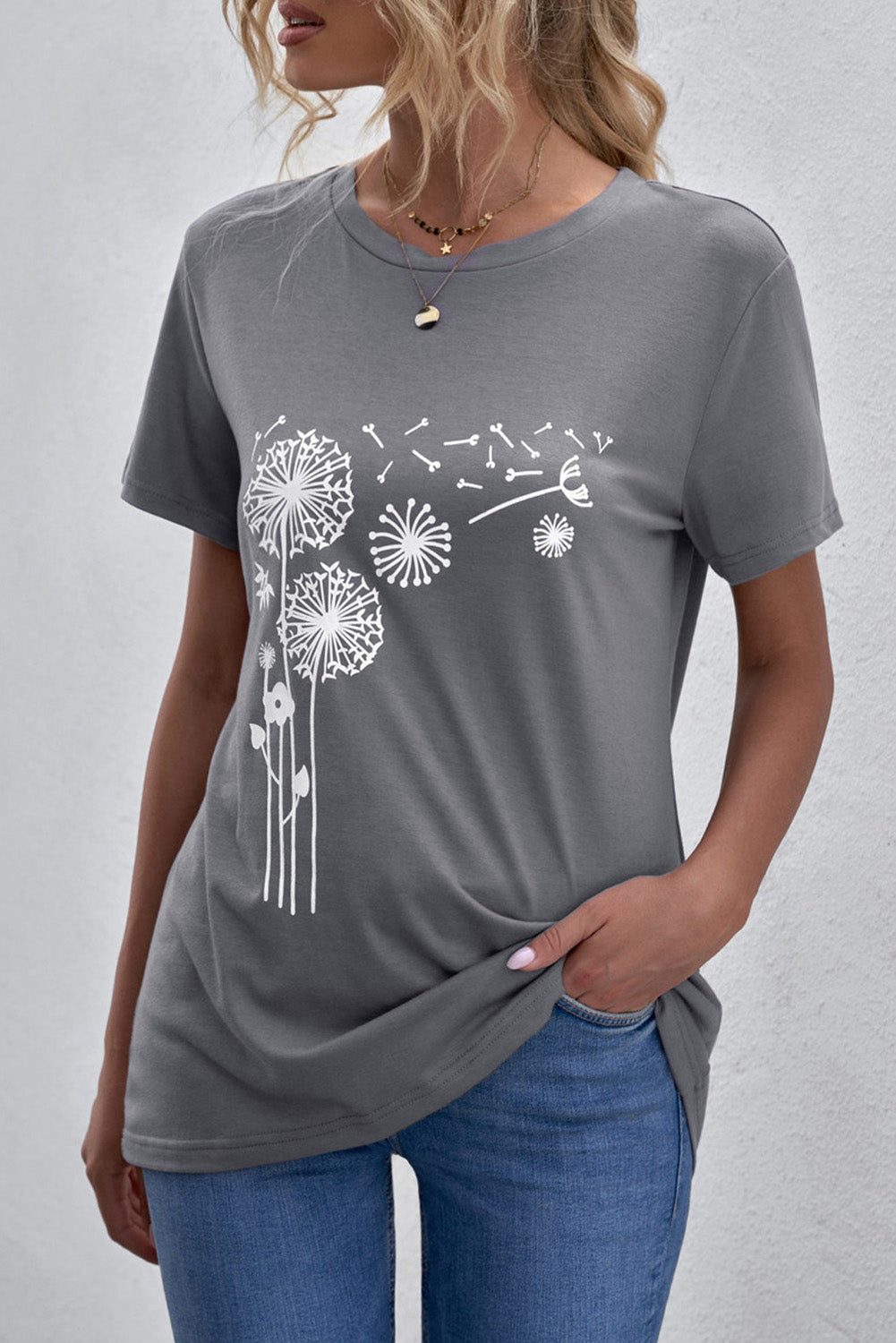 Grey Crew Neck Dandelion Print T-shirt