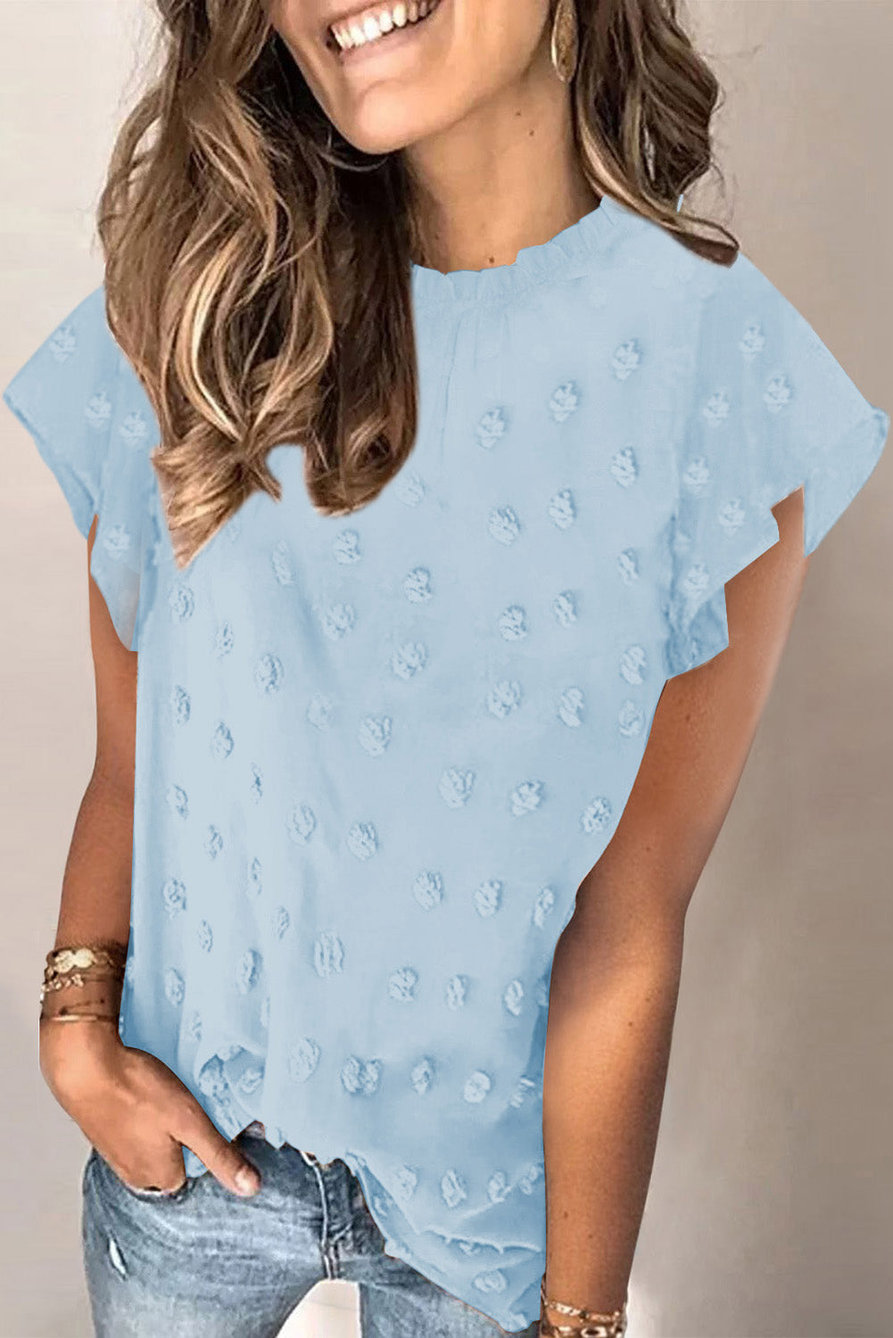 Sky Blue Ruffled Sleeve Swiss Dot T-shirts