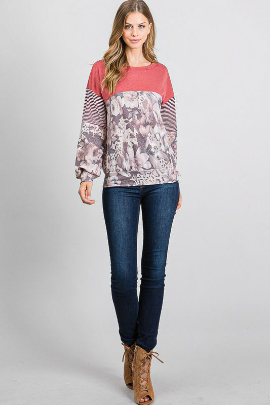 PINK FLORAL & STRIPE SLEEVE COLOR BLOCK TOP