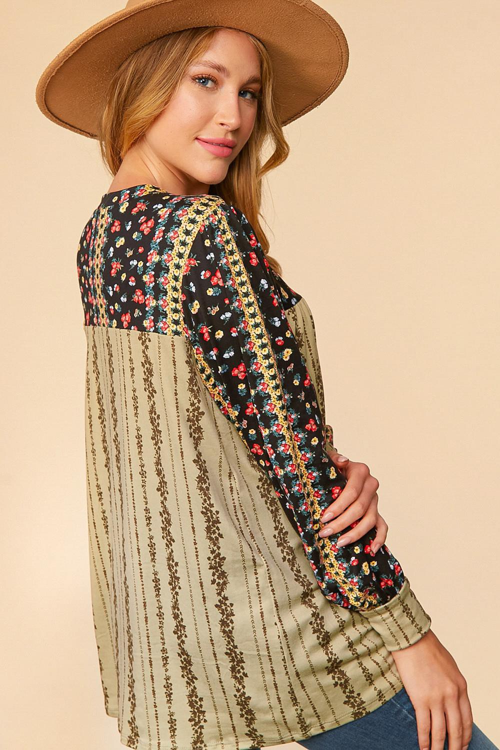 BLACK & OLIVE FLORAL SQUARE NECK YOKE PUFF BUBBLE SLEEVE TOP