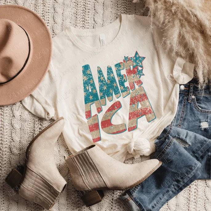 America burlap letter Tee