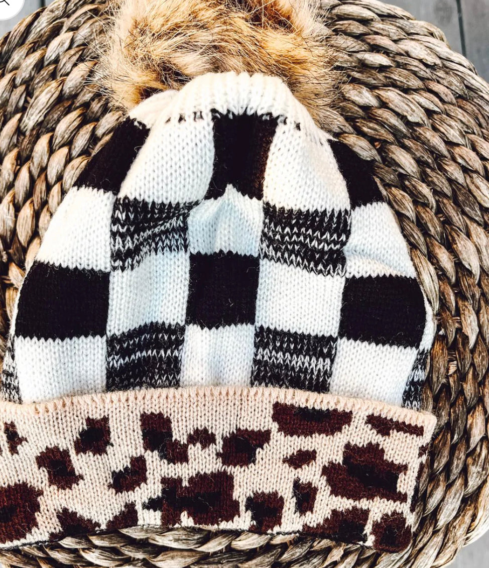 White Leopard Checkered Pom Hat