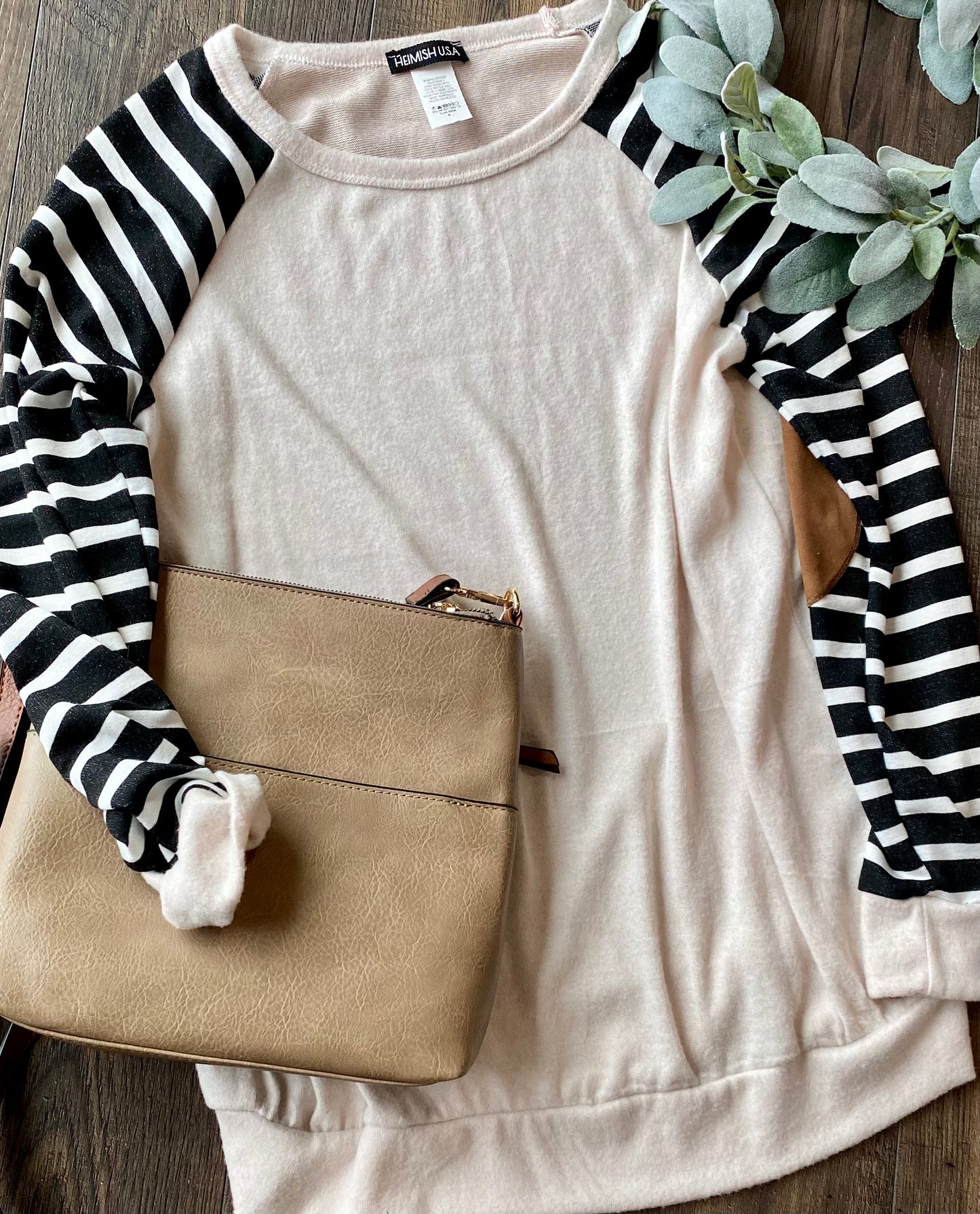 SOLID AND STRIPE TOP WITH ELBOW PATCH