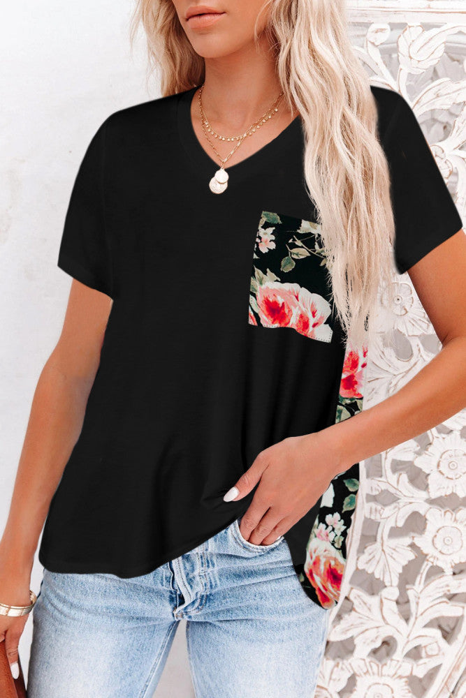 Black Floral Casual Pocket Tee