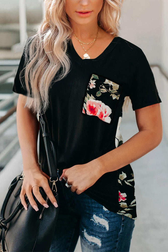 Black Floral Casual Pocket Tee