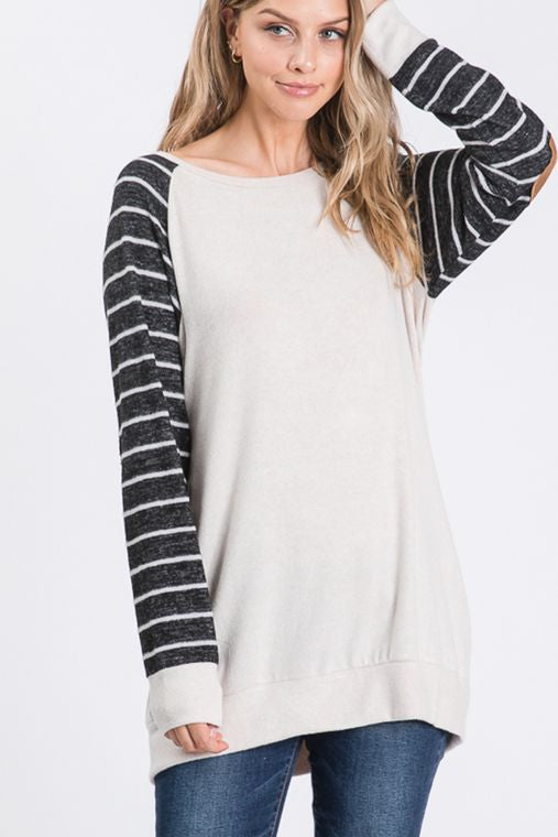 SOLID AND STRIPE TOP WITH ELBOW PATCH