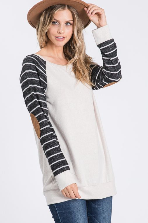 SOLID AND STRIPE TOP WITH ELBOW PATCH