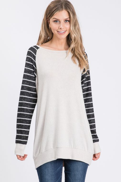 SOLID AND STRIPE TOP WITH ELBOW PATCH