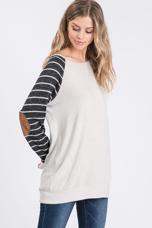 SOLID AND STRIPE TOP WITH ELBOW PATCH
