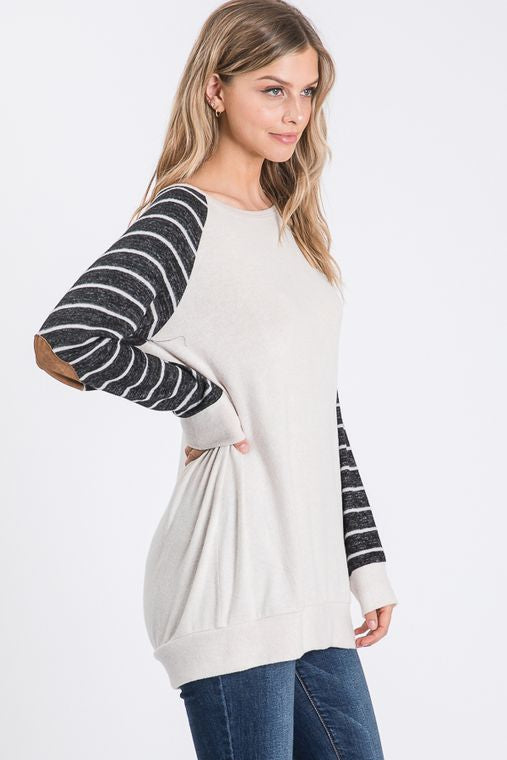 SOLID AND STRIPE TOP WITH ELBOW PATCH