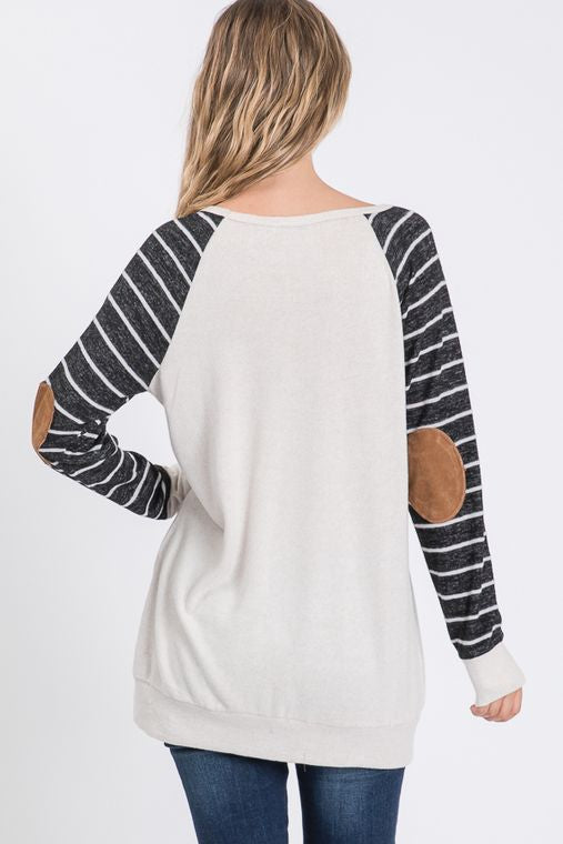 SOLID AND STRIPE TOP WITH ELBOW PATCH