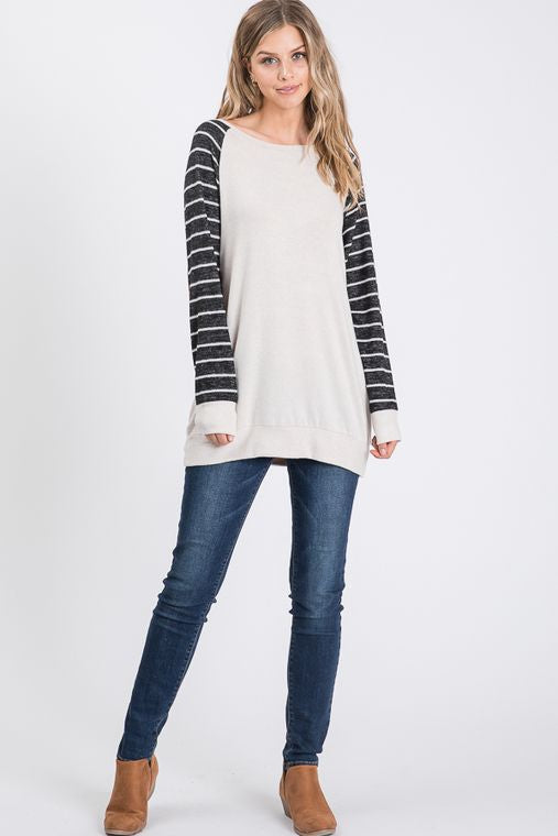 SOLID AND STRIPE TOP WITH ELBOW PATCH