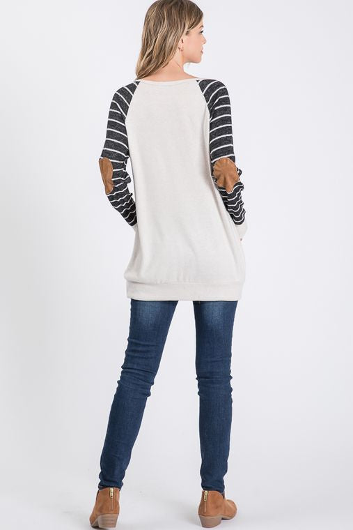 SOLID AND STRIPE TOP WITH ELBOW PATCH