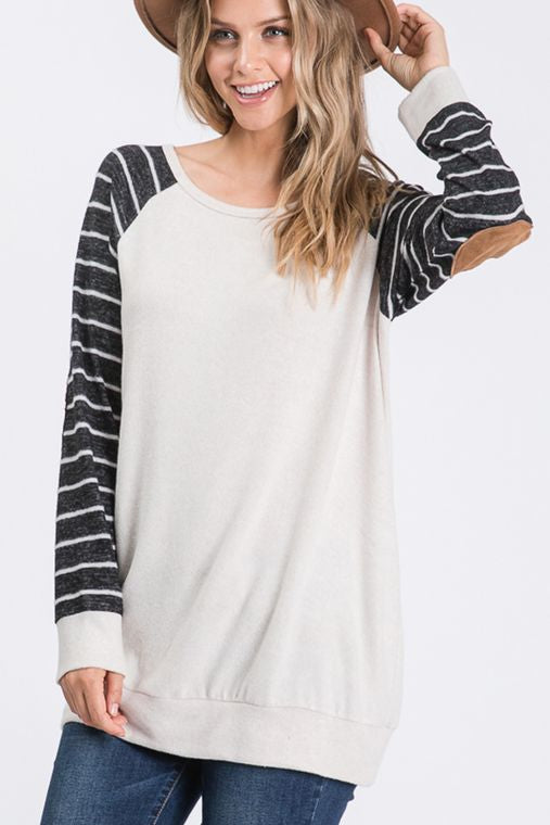 SOLID AND STRIPE TOP WITH ELBOW PATCH