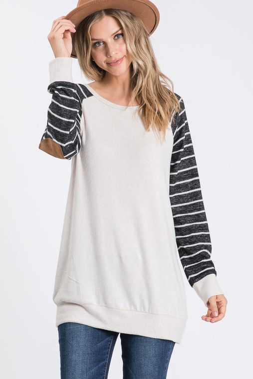 SOLID AND STRIPE TOP WITH ELBOW PATCH