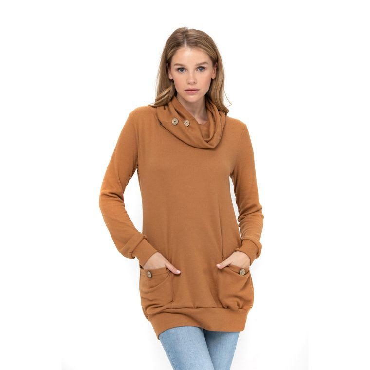 Long Sleeve Cowl Neck Tunic Top with Pockets -Camel