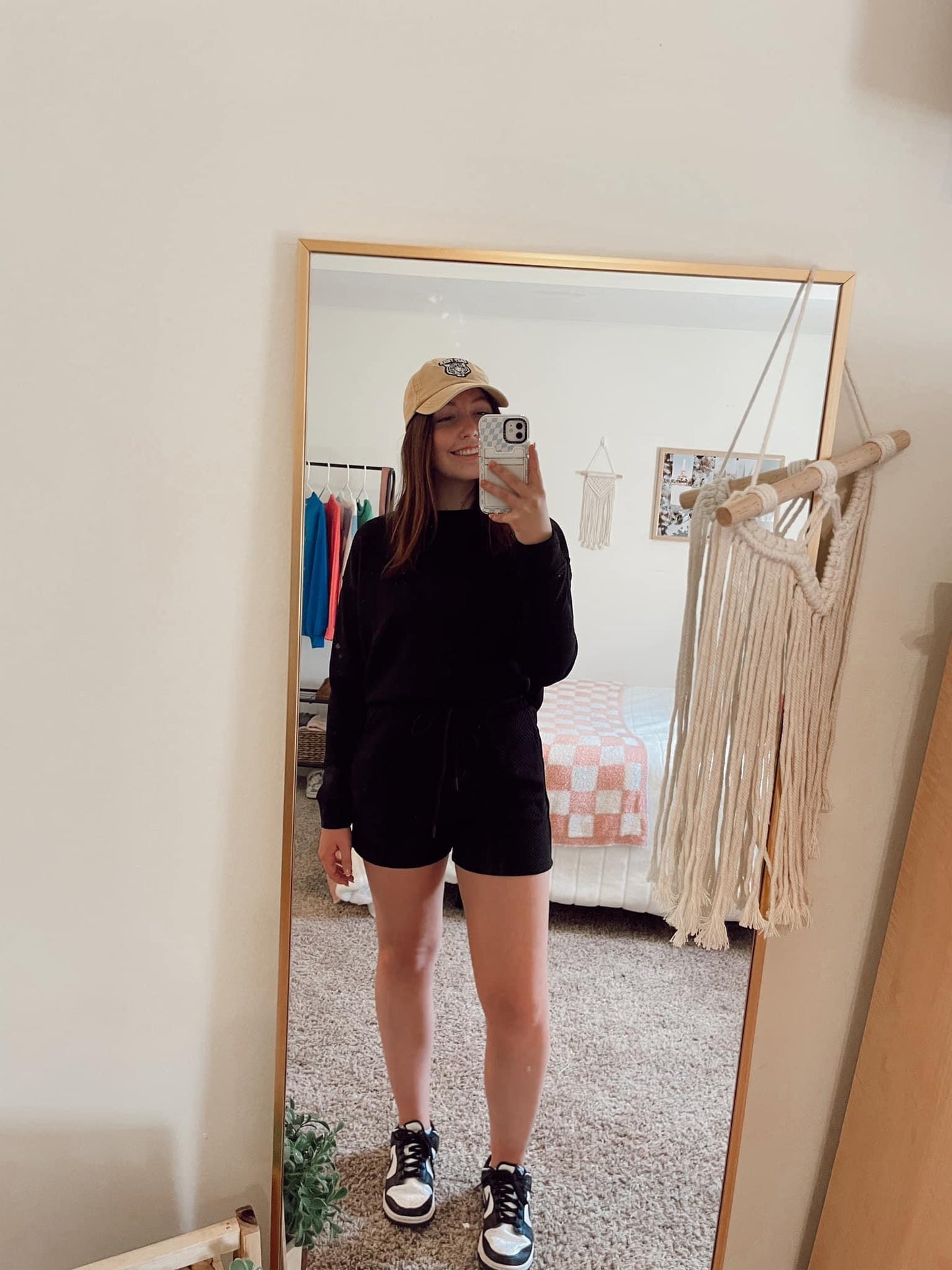 Black Textured Long Sleeve Top & Drawstring Shorts