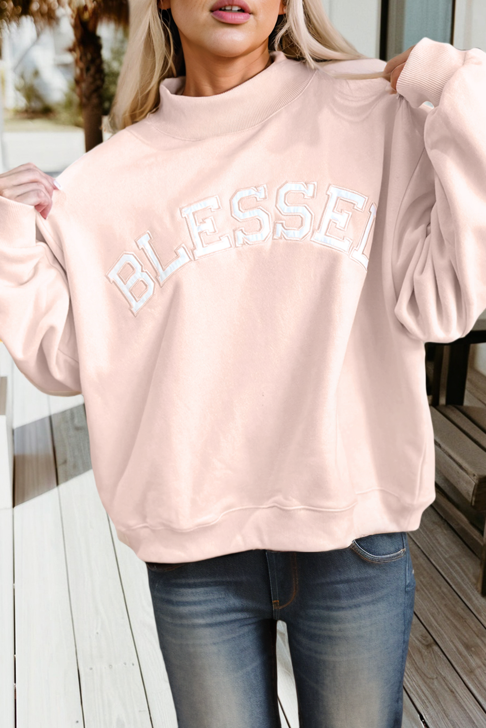 Blessed Embroidered Mock Neck Sweatshirt